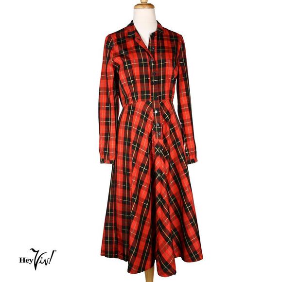 Vintage Dresses & Skirts - Vintage Red Plaid Shirt Dress Tartan Fit & Flare Long Sleeve B36 W28 - Hey Viv